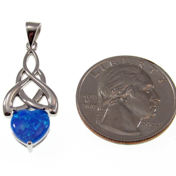 Solid 925 Sterling Silver and Blue Opal Celtic Infinity Knot Heart Pendant - Picture 2 of 5